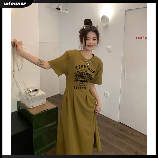 Đầm Thể Thao Tay Ngắn Cổ Tròn Dáng Rộng In Chữ Thời Trang Mùa Hè Cho Nữ