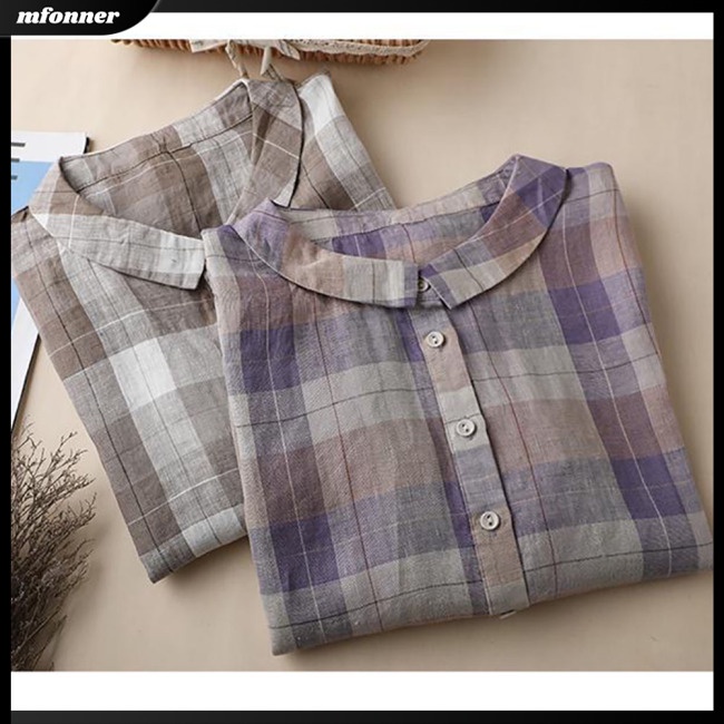 Áo Sơ Mi Cotton Lanh Dáng Rộng Cổ Đứng Tay Ngắn In Họa Tiết Kẻ Sọc Thời Trang Mùa Hè Cho Nữ