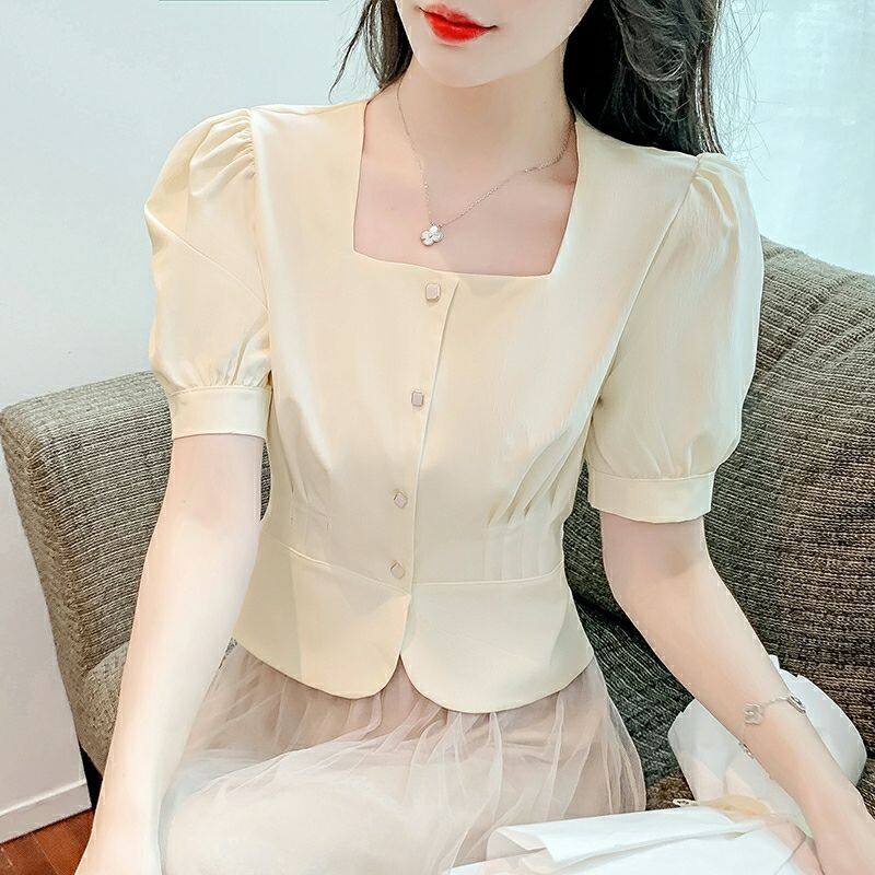 Áo Sơ Mi Trơn Cổ Vuông Ngắn Tay Thời Trang Hè Hàn Quốc Dành Cho Nữ 2023