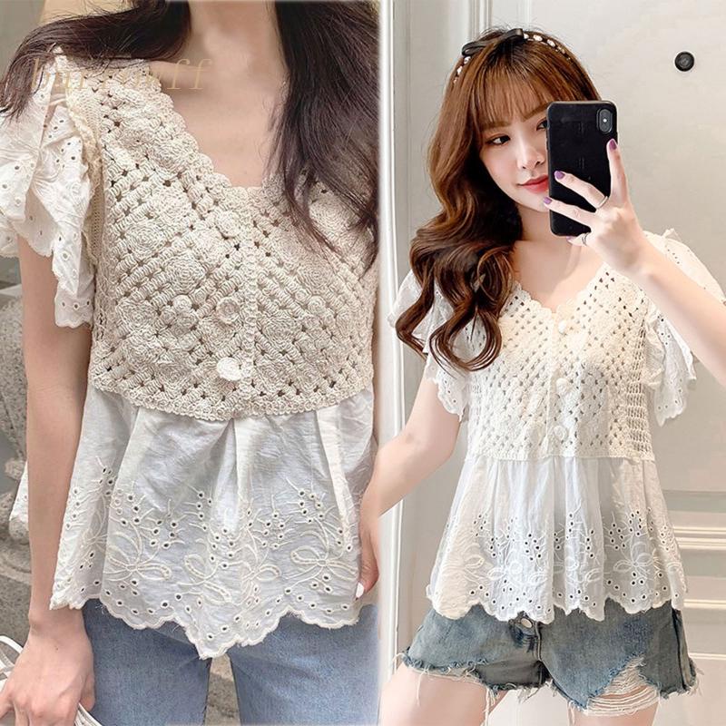 Brroa Áo Thun Dệt Kim Tay Ngắn Cổ Chữ V Phối Bèo Cài Nút Khoét Rỗng Gợi Cảm Mùa Hè Cho Nữ