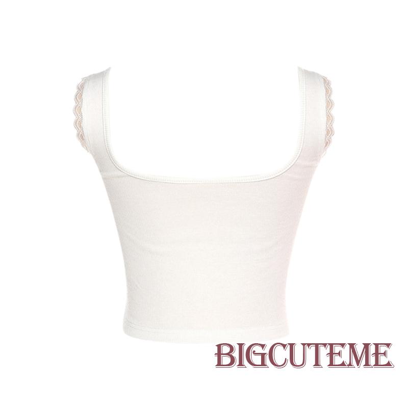 [] Áo Crop Top Không Tay Phối Ren Hoa Hồng 3D Thời Trang Mùa Hè Cho Nữ