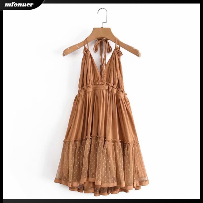 Đầm Hai Dây Cổ Chữ V Phối Lưới Màu Sắc Trơn Thời Trang Mùa Hè Cho Nữ