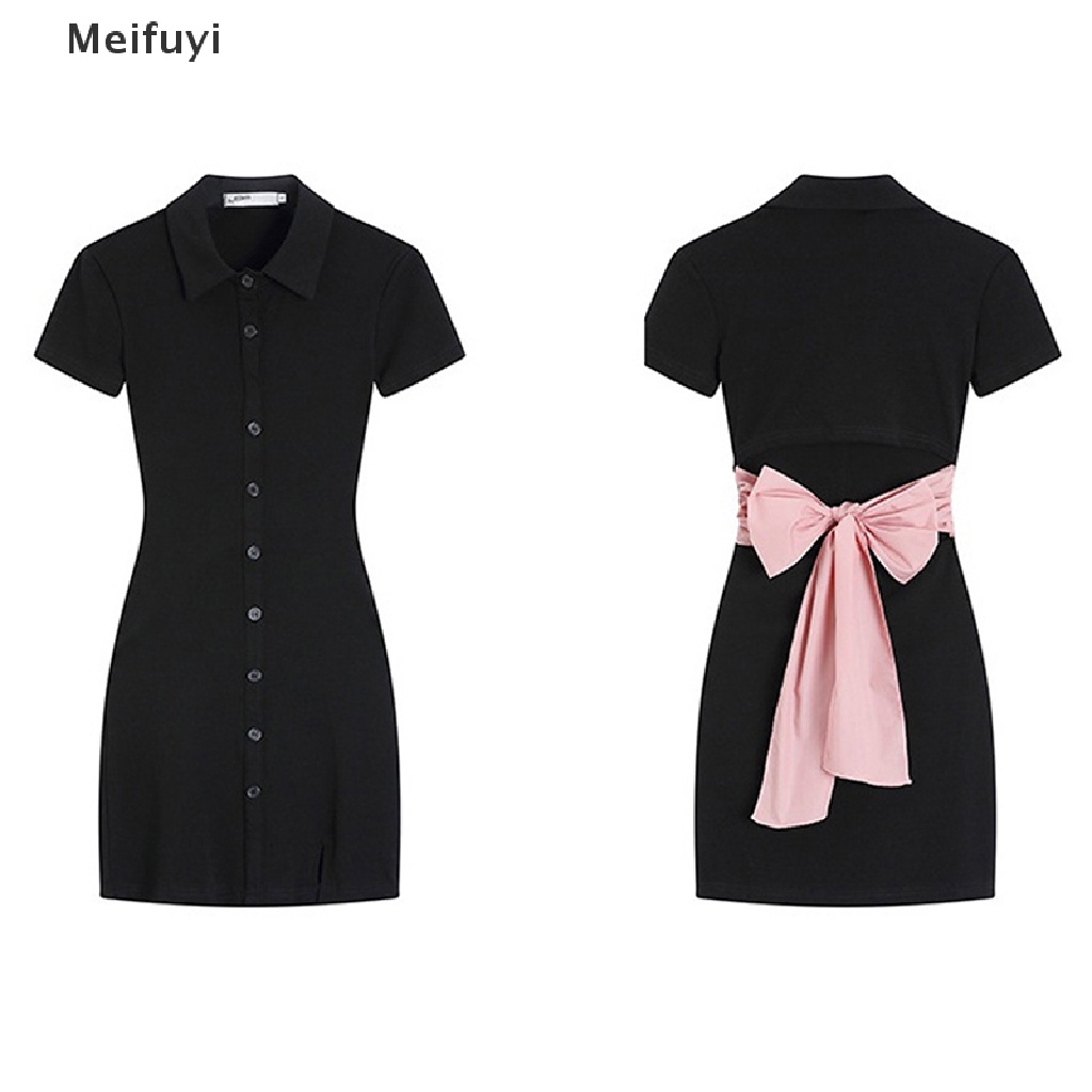 Đầm Mini Tay Ngắn Cổ Bẻ Cài Nút / Lưng Màu Đen Gợi Cảm Cho Bạn Gái