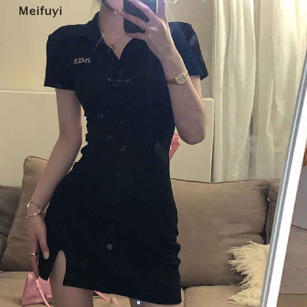 Đầm Mini Tay Ngắn Cổ Bẻ Cài Nút / Lưng Màu Đen Gợi Cảm Cho Bạn Gái