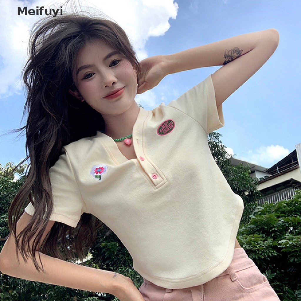 Áo Thun Crop Top Tay Ngắn Cổ Chữ V Thêu Họa Tiết Thời Trang Mùa Hè Cho Nữ