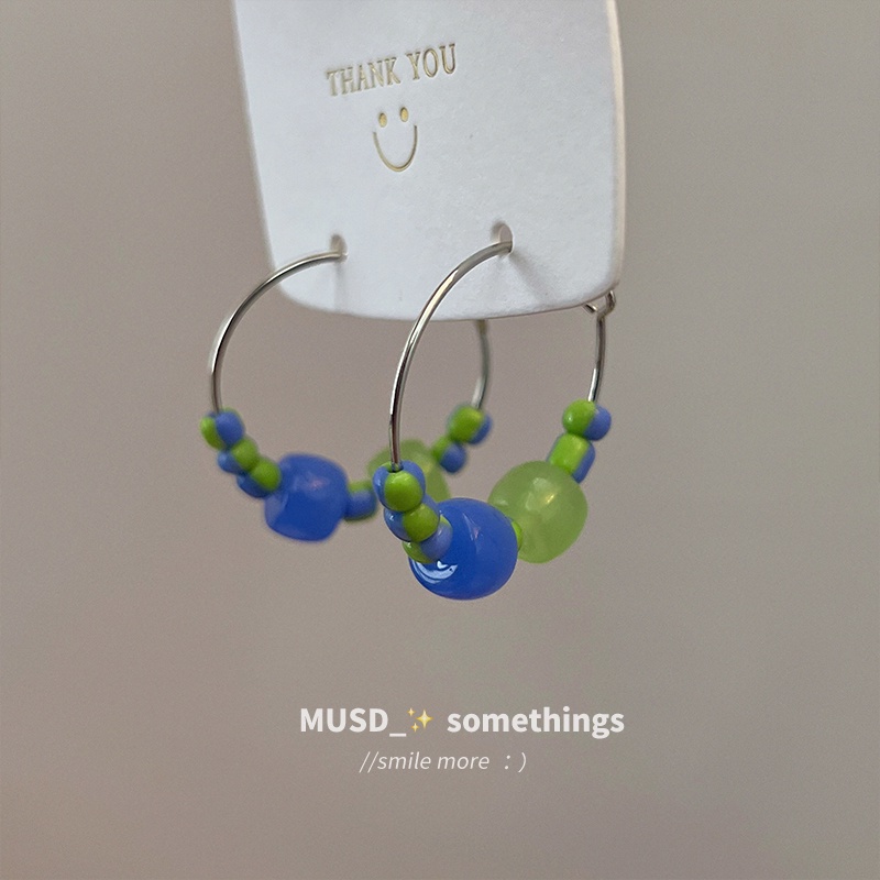 Khuyên Tai Vòng Tròn Đính Hạt Màu Xanh Dương Và Xanh Lá Tương Phản Đơn Giản Thời Trang Cổ Điển Dành Cho Bạn Nữ