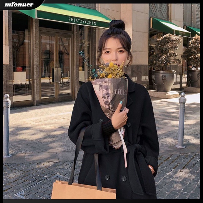 Áo Khoác Tay Dài Cổ Bẻ Dày Dặn Màu Sắc Trơn Kèm Thắt Lưng Dành Cho Nữ