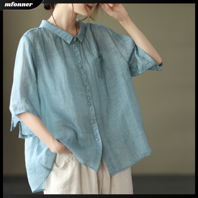 Áo Sơ Mi Cotton Lanh Tay Ngắn Màu Sắc Trơn Phong Cách Retro Dành Cho Nữ