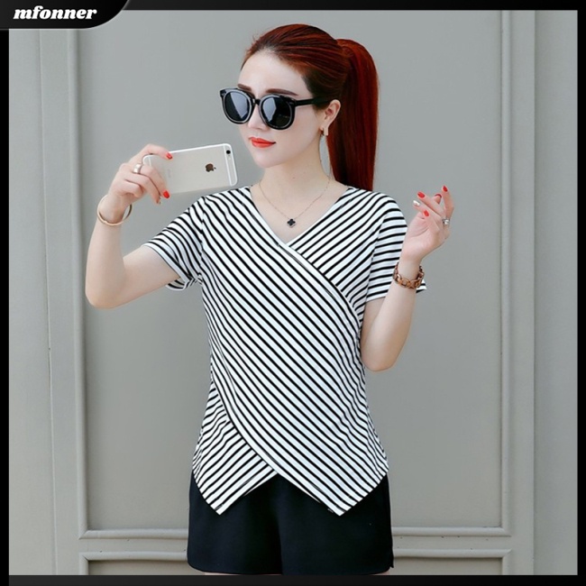 Áo Thun Ngắn Tay Dáng Rộng Cổ Chữ V Họa Tiết Kẻ Sọc Thời Trang Mùa Hè Cho Nữ