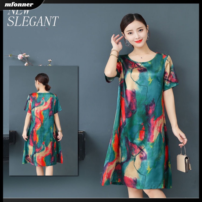 Đầm Chữ A Tay Ngắn Cổ Tròn Dáng Rộng In Họa Tiết Thời Trang Cho Nữ