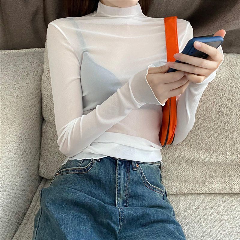 Áo Lưới Tay Dài Cổ Cao Chống Nắng Xuyên Thấu Gợi Cảm Cho Nữ