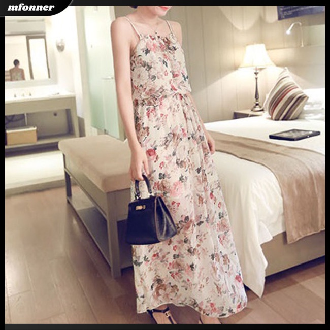 Đầm Voan Hoa Hai Dây Dáng Dài Phong Cách Bohemian Thanh Lịch Cho Nữ