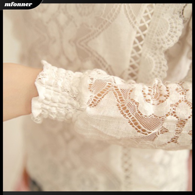 Áo Sơ Mi Chiffon Tay Dài Cổ Đứng Phối Ren Thời Trang Mùa Hè Cho Nữ