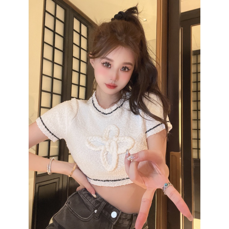 Áo Croptop Dệt Kim Tay Ngắn Cổ Tròn Dáng Ôm In Họa Tiết Thời Trang Mùa Hè Hàn Quốc Quyến Rũ Cho Nữ
