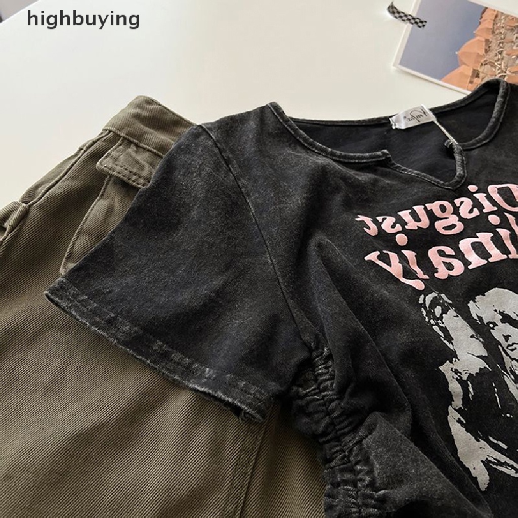 Áo Thun Tay Ngắn Cổ Chữ V Phối Dây Rút In Họa Tiết Phong Cách Retro Cho Nữ