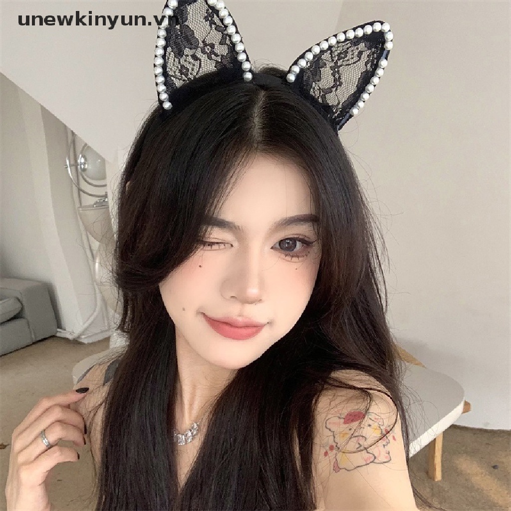 Băng Đô Ren Hình Tai Mèo Đính Ngọc Trai Thời Trang Gợi Cảm Cho Nữ