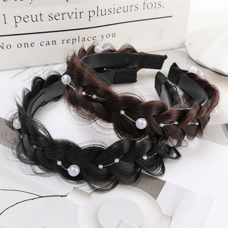 Băng Đô Cài Tóc Giả Thắt Bím Xương Cá Đính Ngọc Trai Phong Cách Hàn Quốc Dành