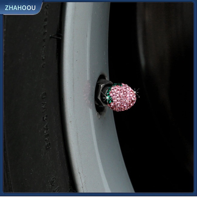 ☃Phụ Kiện Trang Trí Nhà Cửa Kiểu Dáng Dễ Thương Xinh Xắn☃ Bộ 4 Nắp Van Xe Hơi Hình Quả Dâu Tây Lấp Lánh Chống Bụi