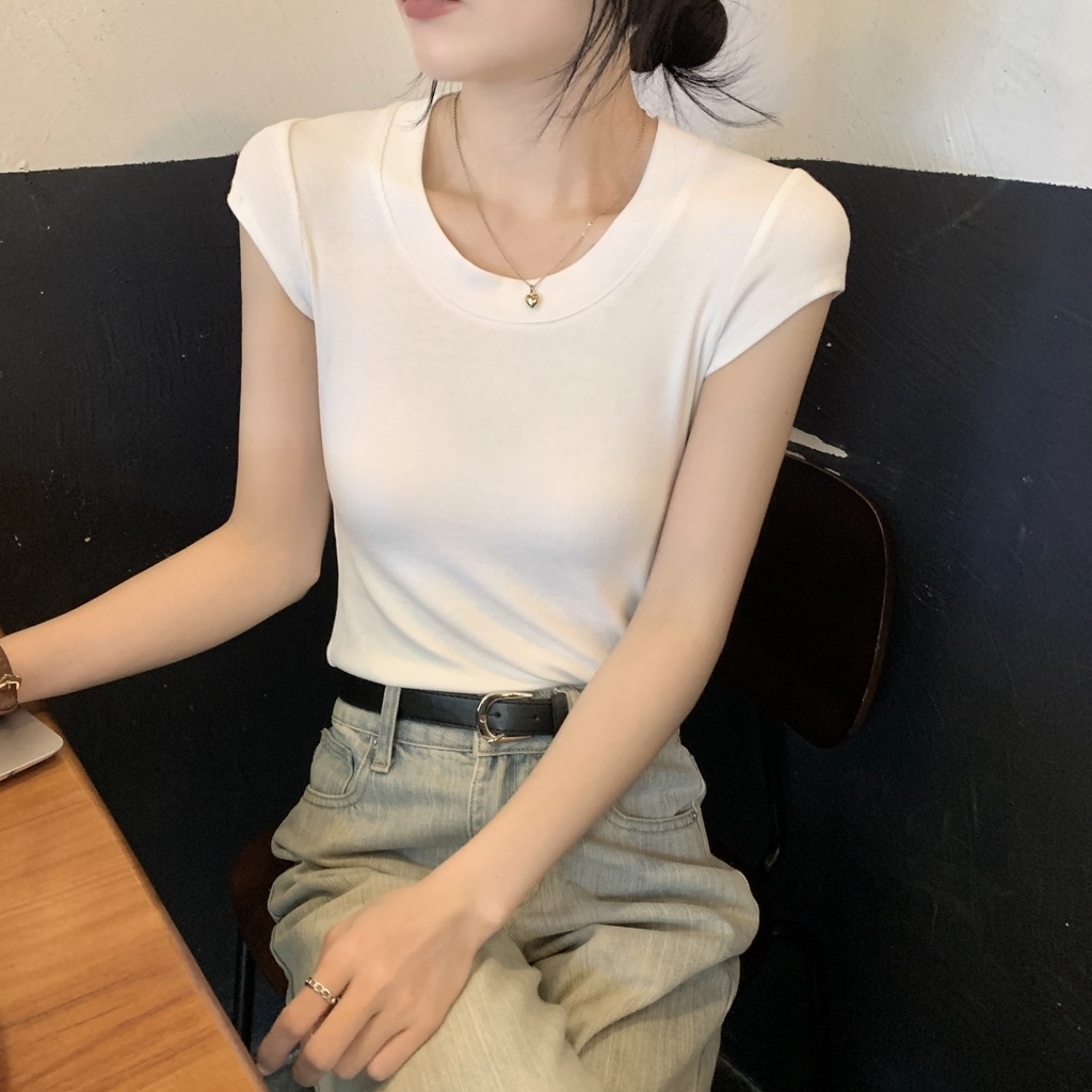 Áo Thun Tay Ngắn Cổ Chữ U Màu Sắc Đơn Giản Thời Trang Mùa Hè Dành Cho Nữ