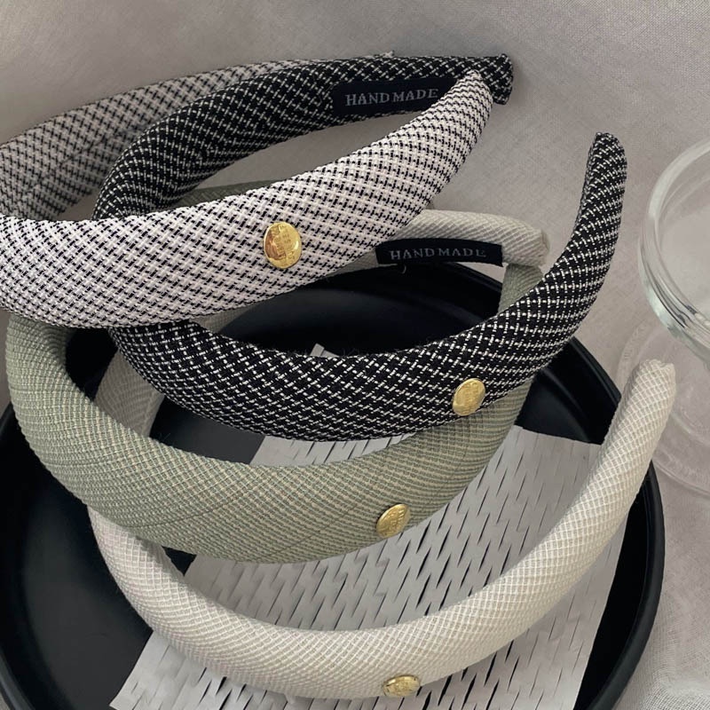 Băng Đô Cài Tóc Bằng Xốp Và Vải Kẻ Sọc Caro In Chữ Kim Loại Thời Trang Hàn Quốc