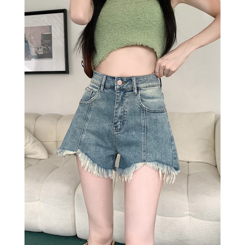 Quần Short Denim Dáng Chữ a Lưng Cao Ống Rộng Thiết Kế Lệch Tà Cá Tính