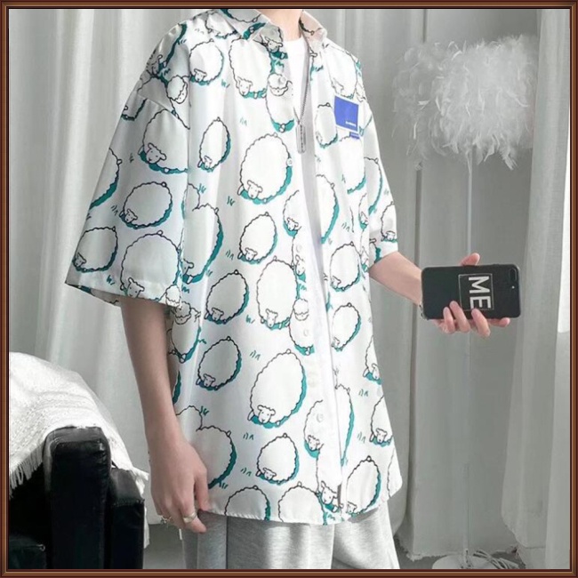 Áo Sơ Mi Tay Ngắn Dáng Rộng In Họa Tiết Cừu Hoạt Hình Thời Trang Mùa Hè Cho Nam