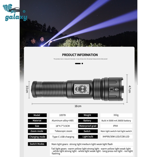 Galaxy Đèn Pin 30w Xhp360 4 Cấp Độ Đa Năng Tiện Dụng