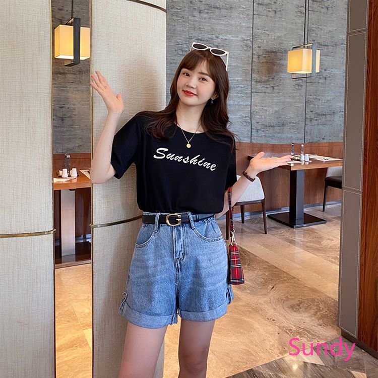 Áo Thun Nữ Ngắn Tay Cổ Tròn Thêu Chữ Phong Cách Retro Hàn Quốc