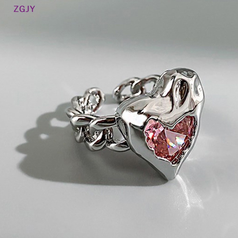 Nhẫn Mạ Bạc Mặt Trái Tim Đính Đá Pha Lê Hồng Phong Cách Goth Harajuku 90s EMO Y2K Thời Trang Cho Nữ Mới