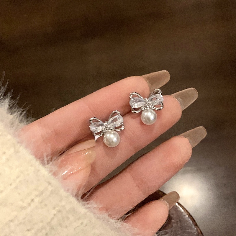 Bông Tai Mạ Bạc 925 Hình Nơ Đính Ngọc Trai Thời Trang Dành Cho Nữ