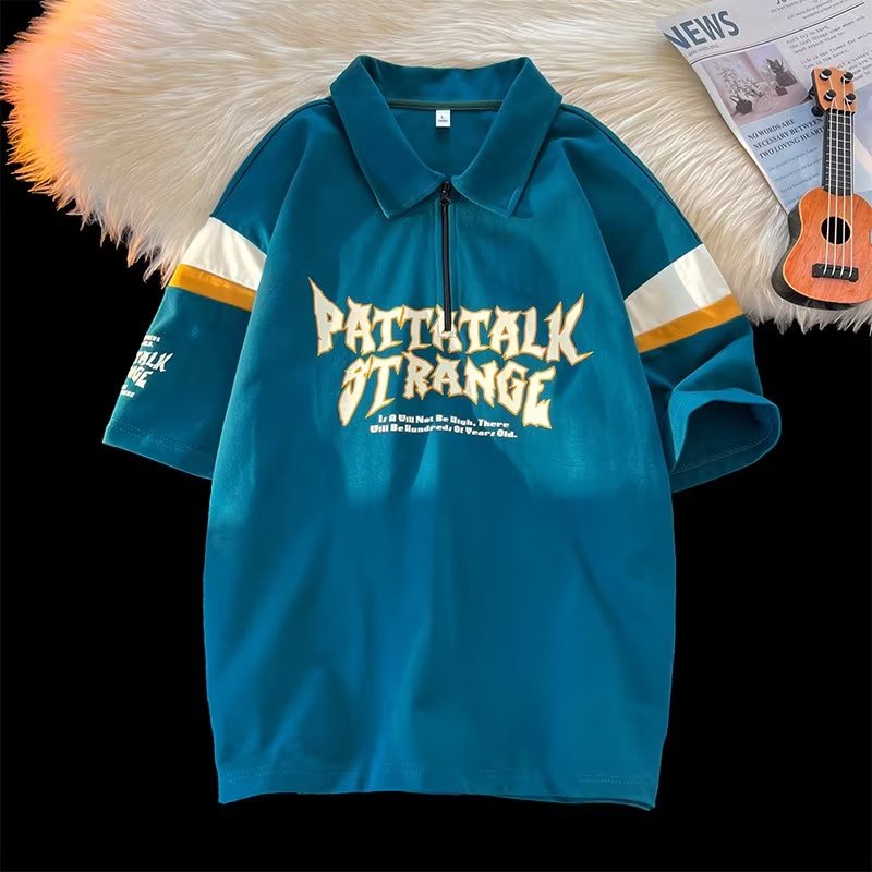 Áo Thun POLO Tay Ngắn Có Khóa Kéo Màu Sắc Tương Phản Phong Cách Preppy Cho Nam