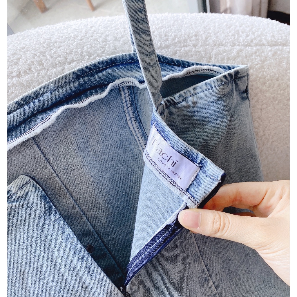 Đầm midi jean 2 dây lai phối tưa