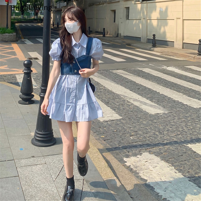 Set Đầm Denim Và Áo Sơ Mi Tay Phồng Phong Cách Vintage Thời Trang Hè 2023 Cho Nữ