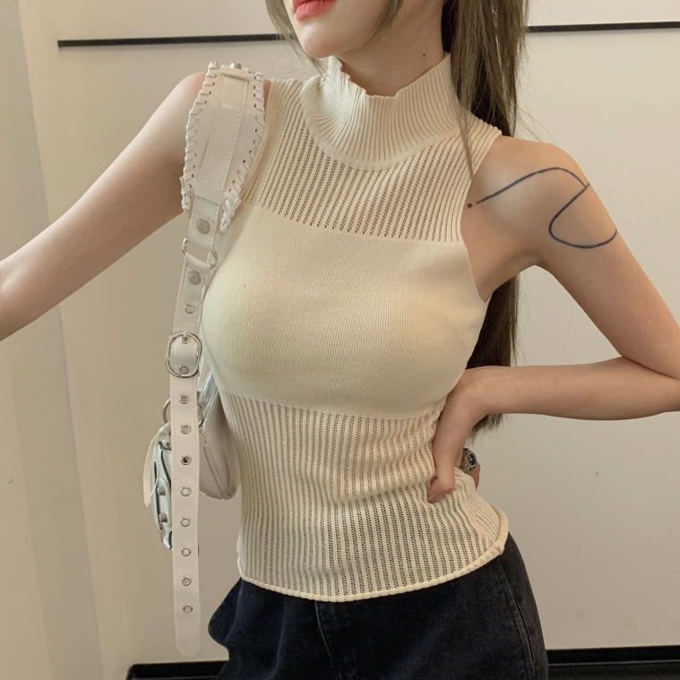 COZOK Áo Dệt Kim Sát Nách Cổ Cao Phối Lưới Quyến Rũ Cho Nữ