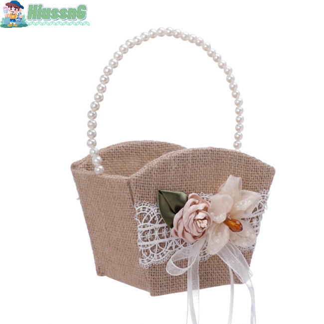 Giỏ Đựng Nhẫn Cưới Bằng Sợi Đay Phối Vải Bố Và Tay Cầm Ngọc Trai Lãng Mạn