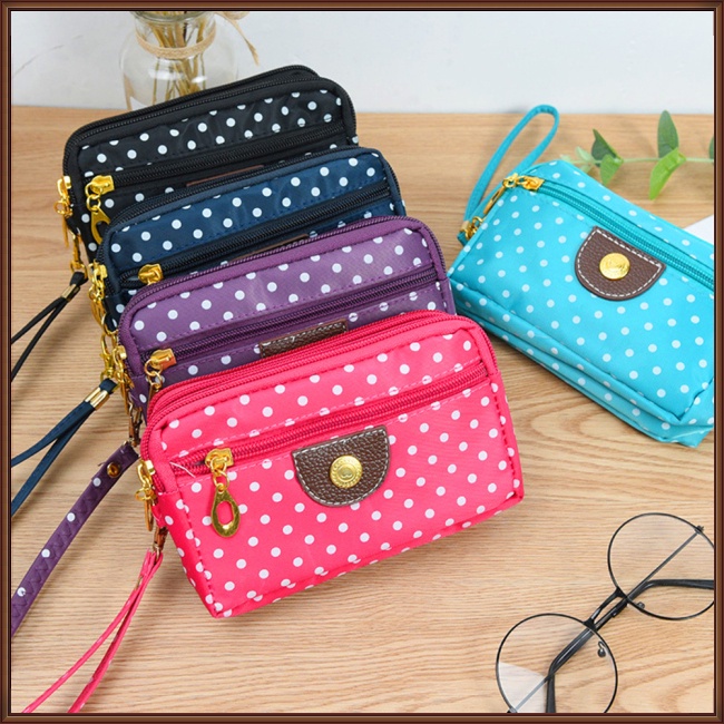 Jaz Túi Xách Tay Bằng Vải Bạt 3 Lớp Có Dây Kéo In Chấm Bi Đựng Điện Thoại Cho Nữ