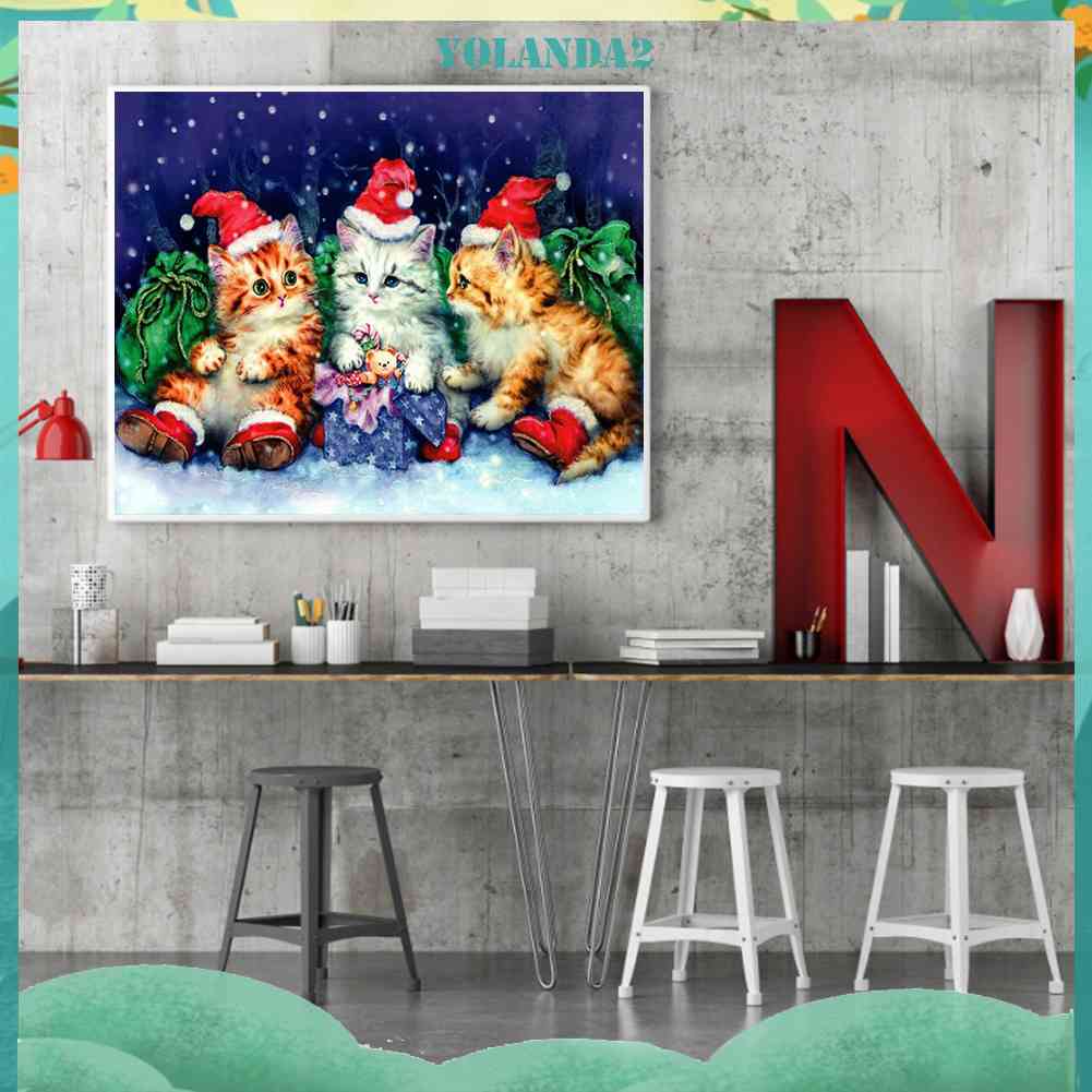 Tranh Đính Đá Kim Cương Toàn Bộ 5D DIY Hình Vẽ Mèo Giáng Sinh