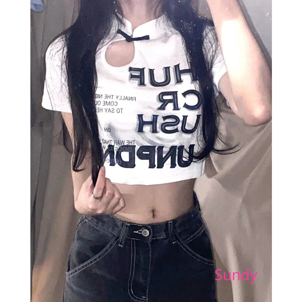 Áo Croptop Tay Ngắn Dáng Rộng In Chữ Phong Cách Trung Hoa Thời Trang Mùa Hè Xinh Xắn Cho Nữ