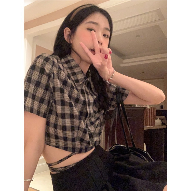 Áo Sơ Mi Nữ Cột Dây Eo Dáng Ngắn Họa Tiết Caro Thời Trang Mùa Hè Xinh Xắn