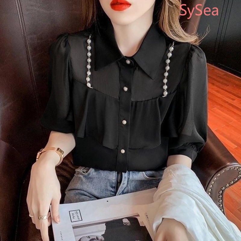 Áo Sơ Mi Voan Phối Ren Bèo Nhún Thanh Lịch Thời Trang Cho Nữ