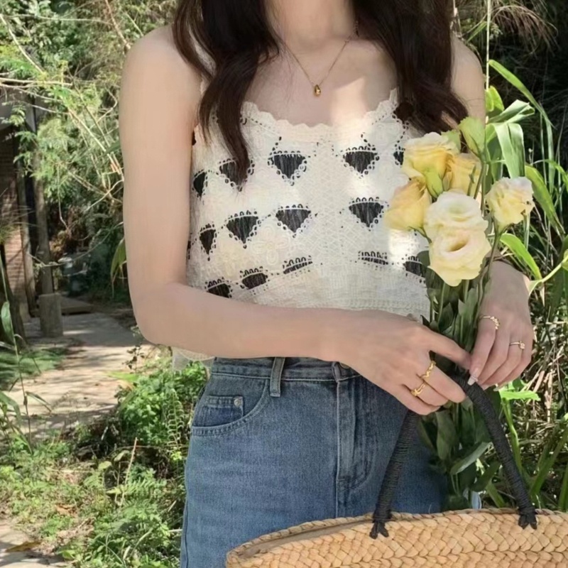 Xiangbao Áo Dệt Kim Không Tay Dáng Rộng Ghép Nối Viền Rỗng Họa Tiết Hoa Đáng Yêu Phù Hợp Cho Trường Học Hàng