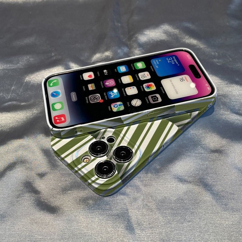 Ốp Điện Thoại Họa Tiết Kẻ Sọc Màu Xanh Lá Phong Cách Hàn Quốc Sang Trọng Cho iPhone13 78ON 12 14Pro / XR Max