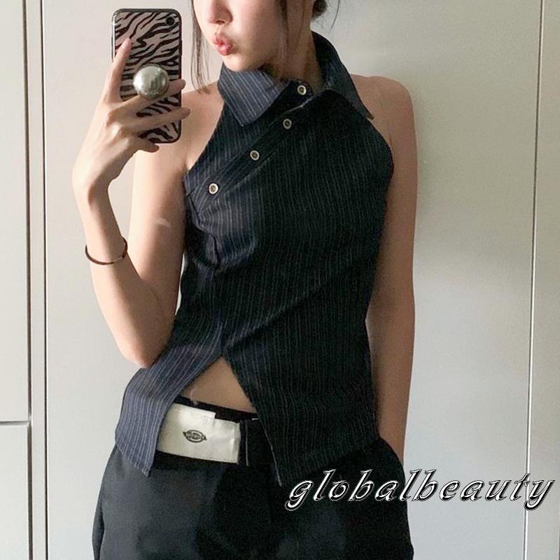 Áo Thun Không Tay Hở Lưng Ôm Dáng Họa Tiết Kẻ Sọc Màu Đen Dành Cho Nữ