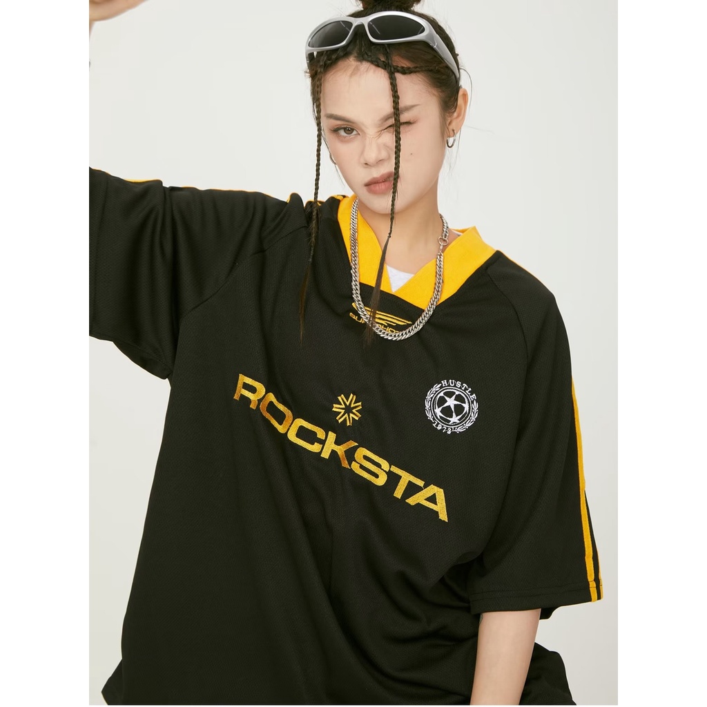 Áo Thun Tay Ngắn Cổ Chữ v Form Rộng Thêu Họa Tiết Phong Cách Retro Mỹ Cho Nam Nữ