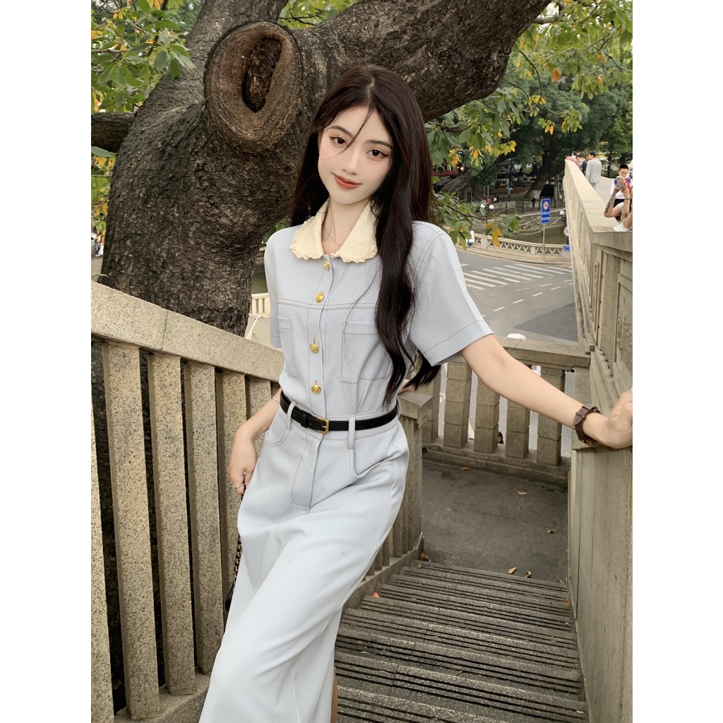 Đầm Dài Dáng Chữ A Tay Ngắn Cổ Búp Bê Màu Trơn Dễ Phối Đồ Thời Trang Cho Nữ