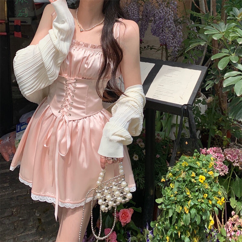 Set Áo Khoác Cardigan + Đầm Hai Dây Phối Ren Thời Trang Mùa Hè Cho Nữ