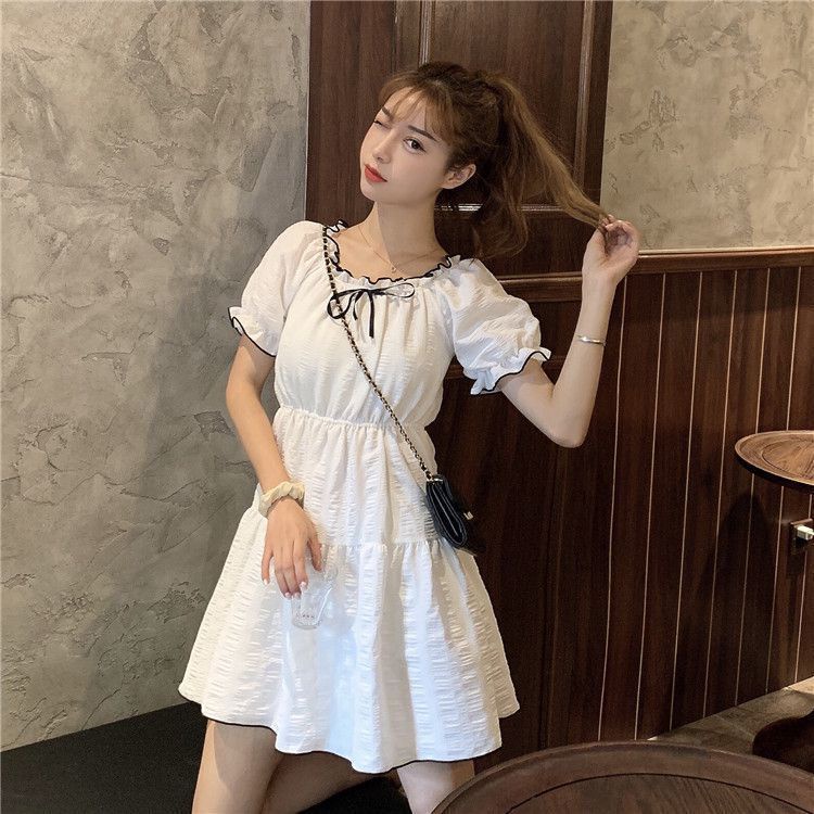 Đầm Ngắn Tay Phồng Đính Nơ Màu Trắng Thiết Kế Mới Thời Trang Mùa Hè Dành Cho Nữ