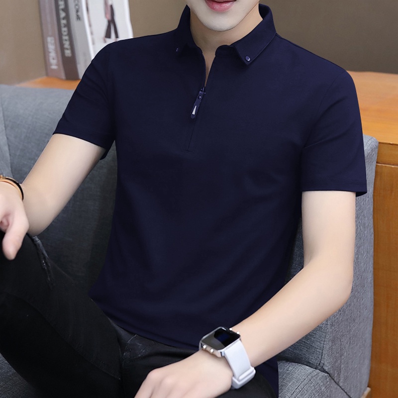Áo Thun POLO Màu Đen Tay Ngắn Dáng Ôm Có Khóa Kéo Thời Trang Mùa Hè Cho Nam