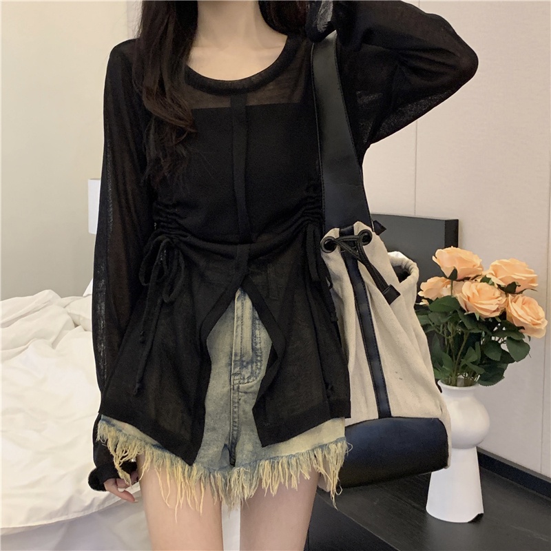 Áo Dệt Kim Tay Dài Chống Nắng Dáng Rộng Màu Trắng Thời Trang Mùa Hè Phong Cách Hàn Quốc Dễ