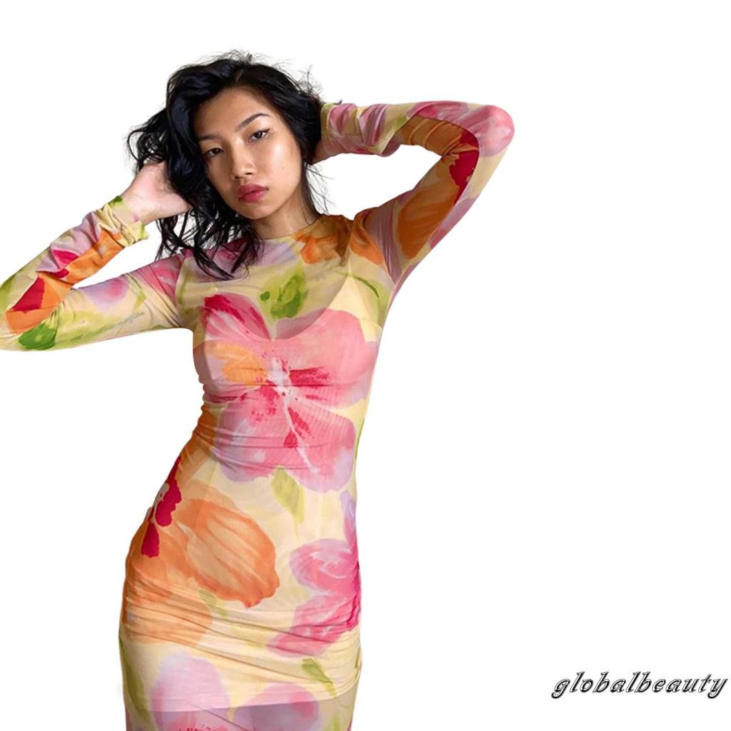 Đầm Ngắn Cổ Tròn Tay Dài Eo Cao Xuyên Thấu In Họa Tiết Hoa Cho Nữ